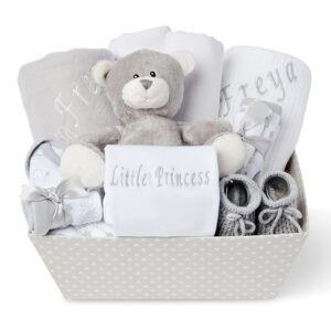 Baby Gift Set – Baby Gift Baskets Newborn Essentials in Grey Tray ellabellaboo