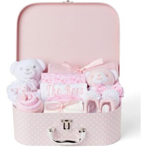 Baby Gift Set – Personalised Baby Gift Baskets Full of Beautiful Newborn Essentials in a Pink Case