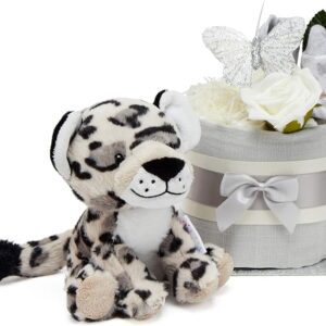 Nappy Cake – 9 Nappies Topped with Grey Baby Teddy Leopard